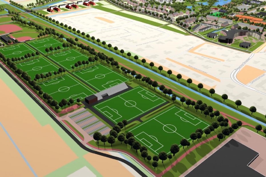 Grafische voorstelling van het nieuwe sportpark De Veldpost, Badhoevedorp, gemeente Haarlemmermeer.